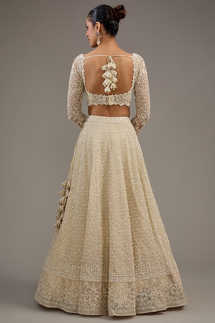 Ivory Organza Heavy Pearl Embroidered Bridal Lehenga Set by Anushree Reddy at Pernia's Pop Up Shop