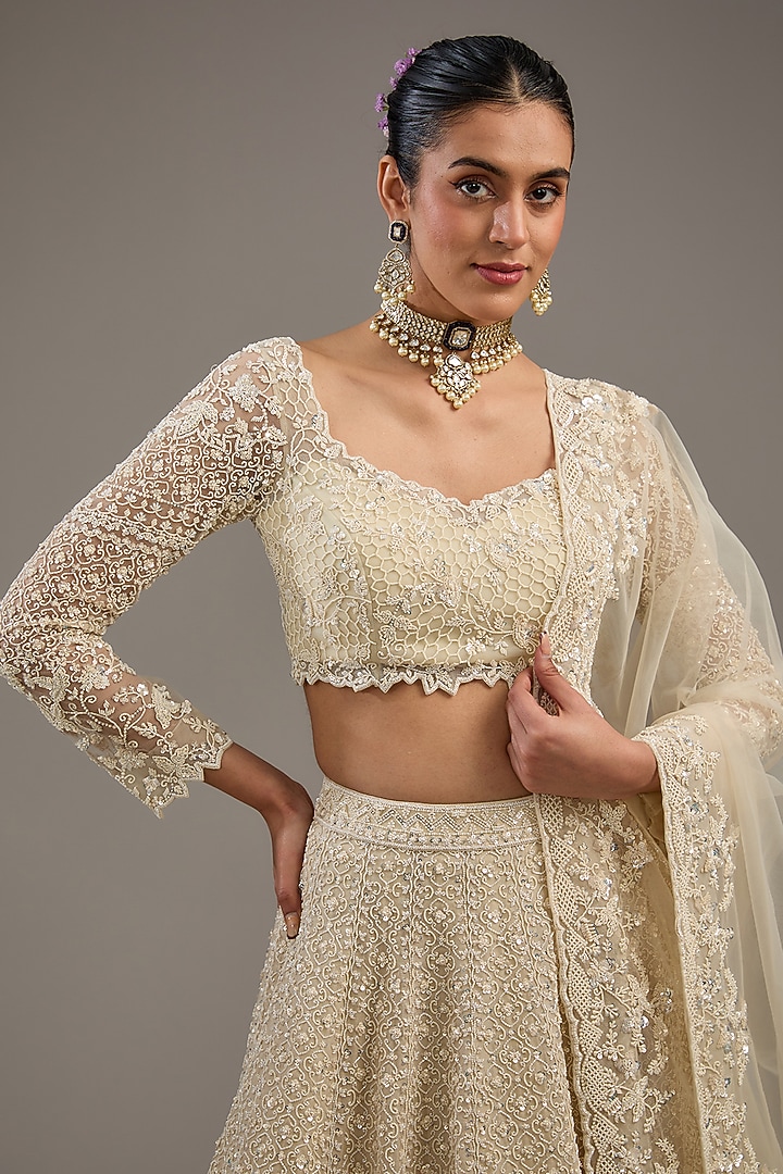 Ivory Organza Heavy Pearl Embroidered Bridal Lehenga Set by Anushree Reddy at Pernia's Pop Up Shop