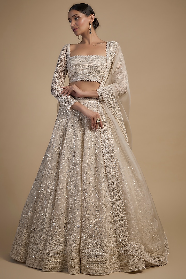 Ivory Organza Pearl & Cutdana Embroidered Bridal Lehenga Set by Anushree Reddy at Pernia's Pop Up Shop