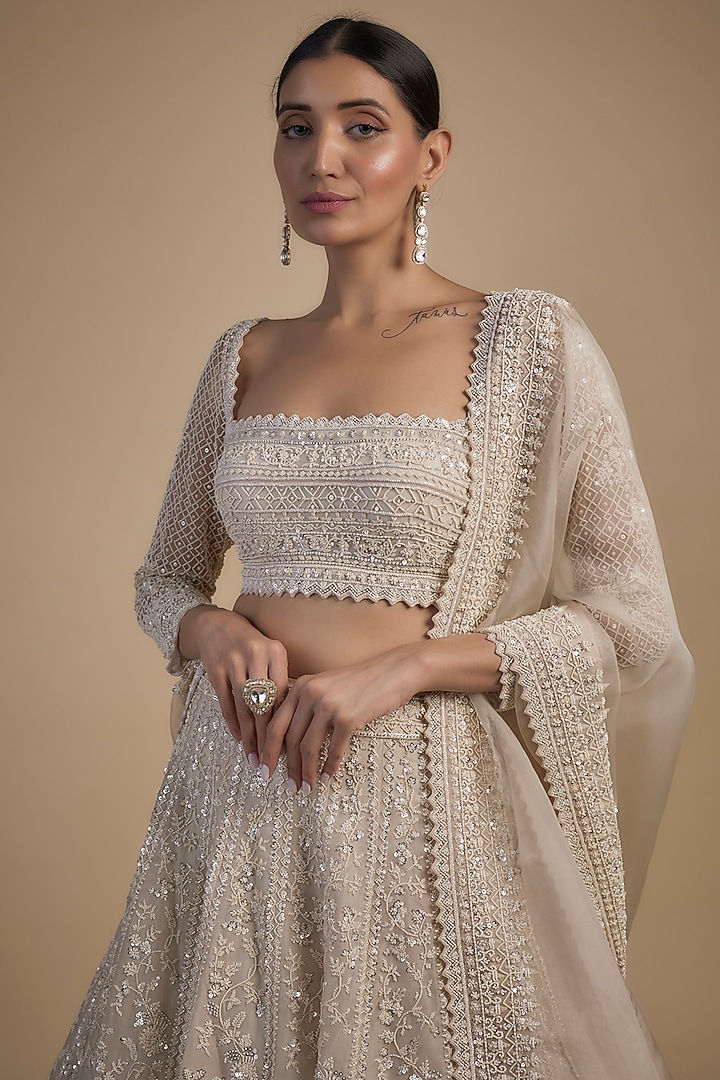 Ivory Organza Pearl & Cutdana Embroidered Bridal Lehenga Set by Anushree Reddy at Pernia's Pop Up Shop