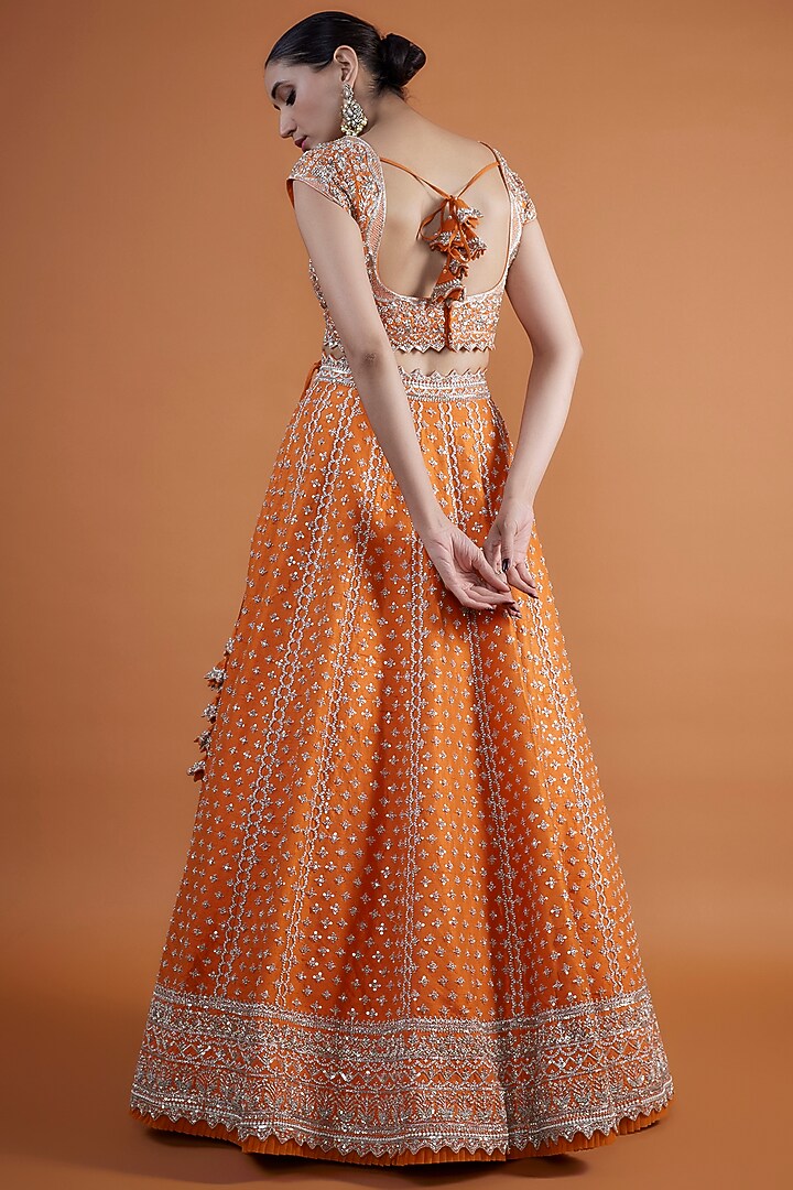 Coral Raw Silk Zardosi Embroidered Bridal Lehenga Set by Anushree Reddy at Pernia's Pop Up Shop