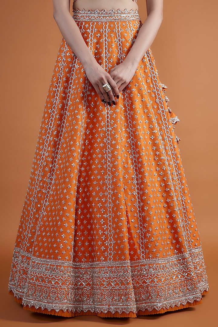 Coral Raw Silk Zardosi Embroidered Bridal Lehenga Set by Anushree Reddy at Pernia's Pop Up Shop