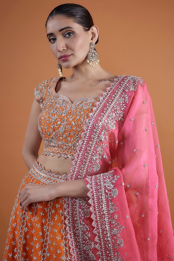 Coral Raw Silk Zardosi Embroidered Bridal Lehenga Set by Anushree Reddy at Pernia's Pop Up Shop