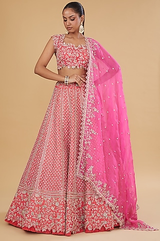Peach Organza Embroidered Lehenga Set by Anushree Reddy