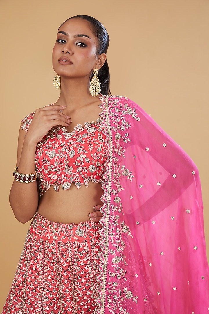 Peach Organza Embroidered Bridal Lehenga Set by Anushree Reddy at Pernia's Pop Up Shop