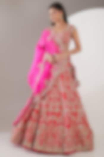 Red Organza Zardosi Embroidered Bridal Lehenga Set by Anushree Reddy at Pernia's Pop Up Shop