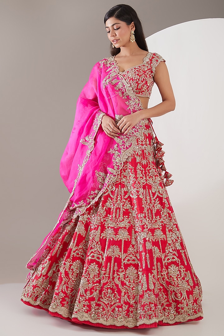 Red Organza Zardosi Embroidered Bridal Lehenga Set by Anushree Reddy at Pernia's Pop Up Shop