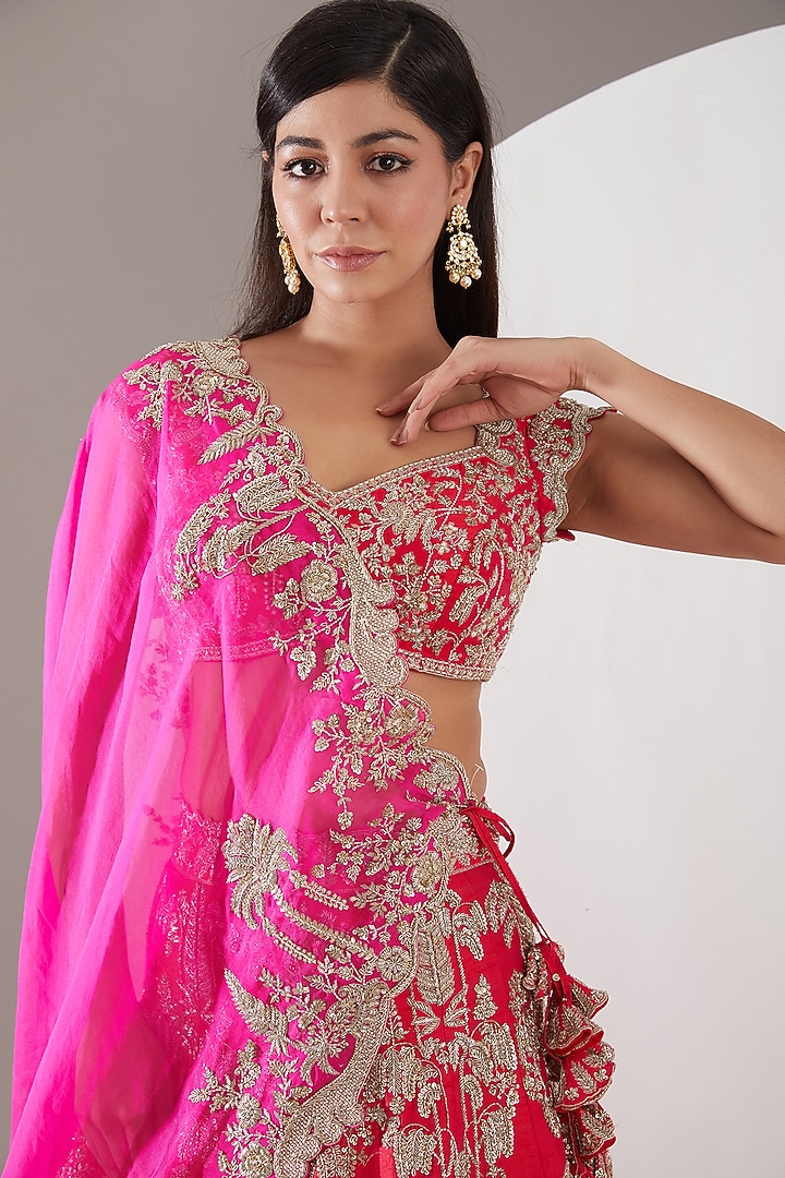 Red Organza Zardosi Embroidered Bridal Lehenga Set by Anushree Reddy at Pernia's Pop Up Shop
