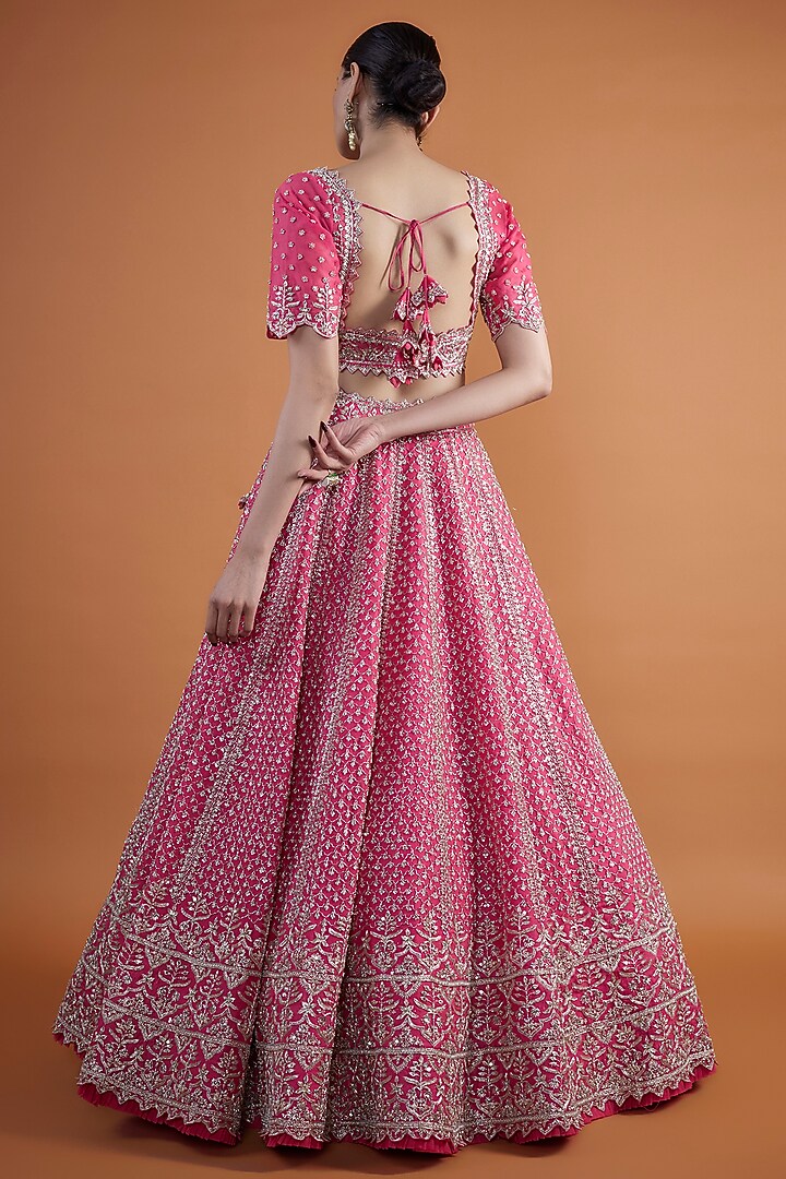 Reddish Pink Organza Zardosi Embroidered Bridal Lehenga Set by Anushree Reddy at Pernia's Pop Up Shop