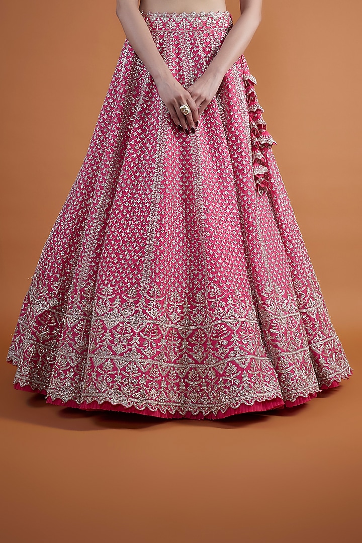 Reddish Pink Organza Zardosi Embroidered Bridal Lehenga Set by Anushree Reddy at Pernia's Pop Up Shop