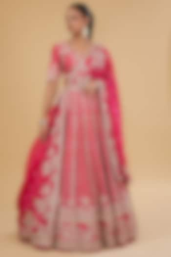 Hot Pink Organza Embroidered Bridal Lehenga Set by Anushree Reddy at Pernia's Pop Up Shop