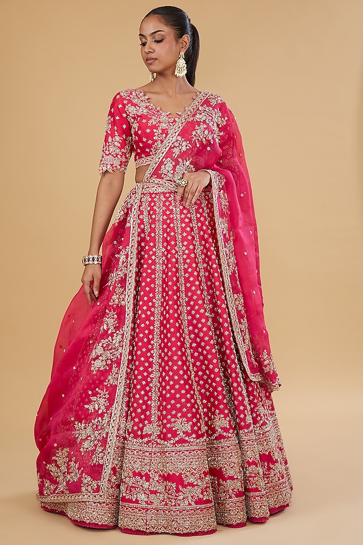 Hot Pink Organza Embroidered Bridal Lehenga Set by Anushree Reddy at Pernia's Pop Up Shop