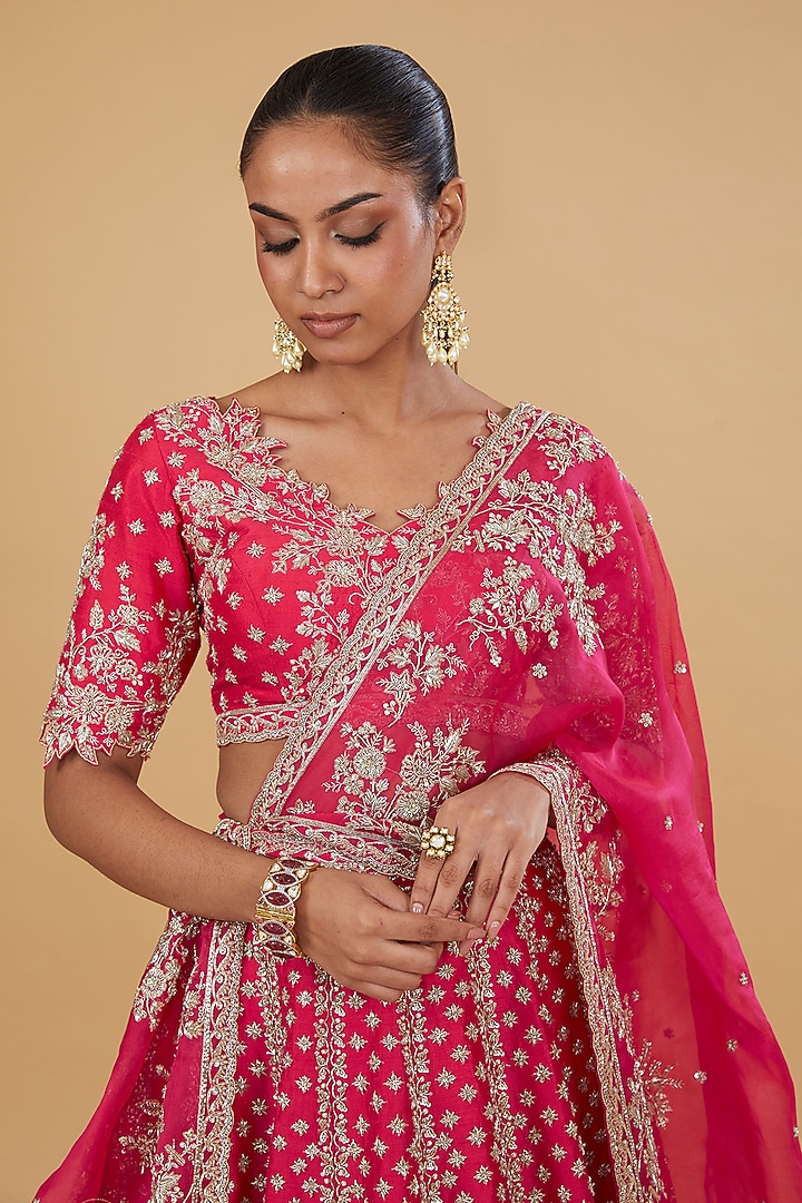 Hot Pink Organza Embroidered Bridal Lehenga Set by Anushree Reddy at Pernia's Pop Up Shop
