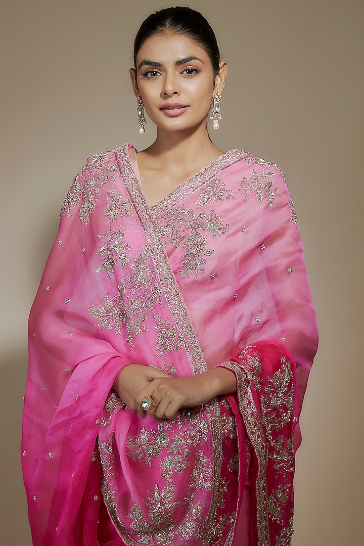 Pink Organza Ombre Sequins Hand Embroidered Bridal Saree Set by Anushree Reddy at Pernia's Pop Up Shop