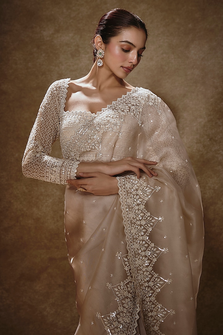 Ivory Organza Reception Saree Set by Anushree Reddy at Pernia's Pop Up Shop