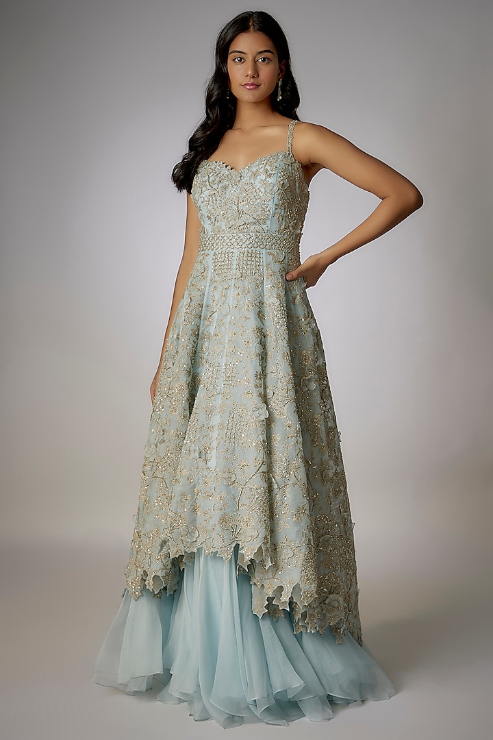 Ice Blue Organza Cutdana Embroidered High-Low Gown by Anushree Reddy