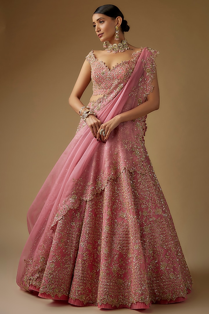 Pink Organza Gold Embroidered Bridal Lehenga Set by Anushree Reddy at Pernia's Pop Up Shop