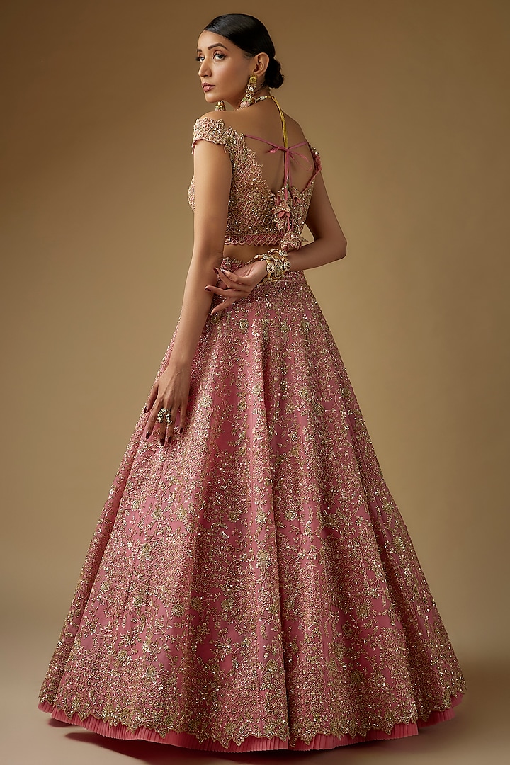 Pink Organza Gold Embroidered Bridal Lehenga Set by Anushree Reddy at Pernia's Pop Up Shop