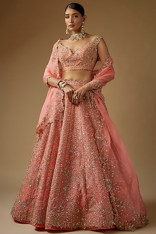 Coral Organza Gold Embroidered Lehenga Set by Anushree Reddy