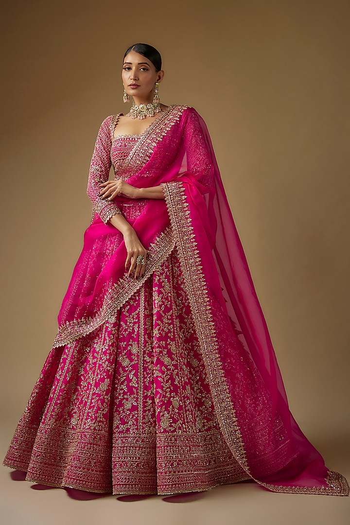 Hot Pink Organza Cutdana Embroidered Lehenga Set by Anushree Reddy