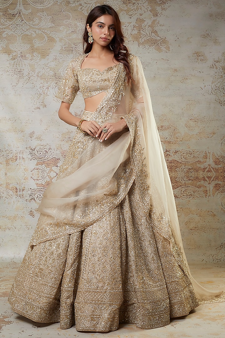 Ivory Organza Cutdana Embroidered Bridal Lehenga Set by Anushree Reddy at Pernia's Pop Up Shop