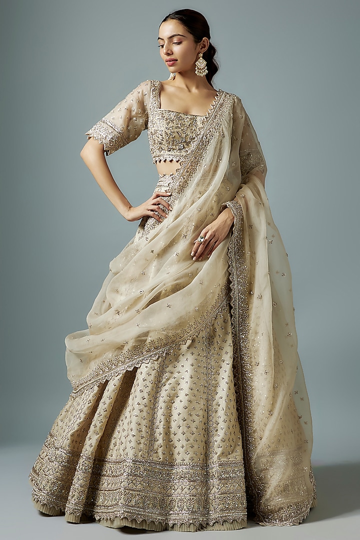 Ivory Organza Zardosi Hand Embroidered Lehenga Set by Anushree Reddy