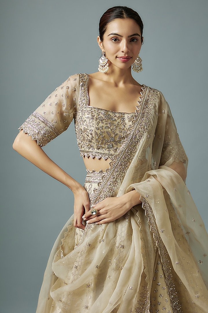 Ivory Organza Zardosi Hand Embroidered Bridal Lehenga Set by Anushree Reddy at Pernia's Pop Up Shop