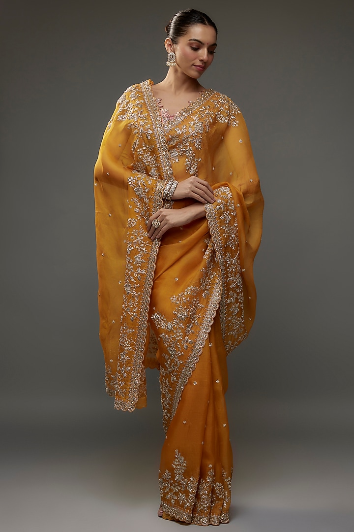Mustard Organza Zardosi Embroidered Bridal Saree Set by Anushree Reddy at Pernia's Pop Up Shop