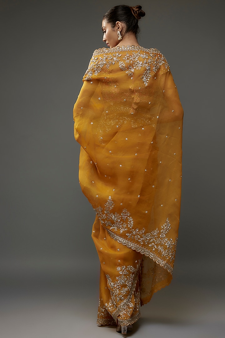 Mustard Organza Zardosi Embroidered Bridal Saree Set by Anushree Reddy at Pernia's Pop Up Shop