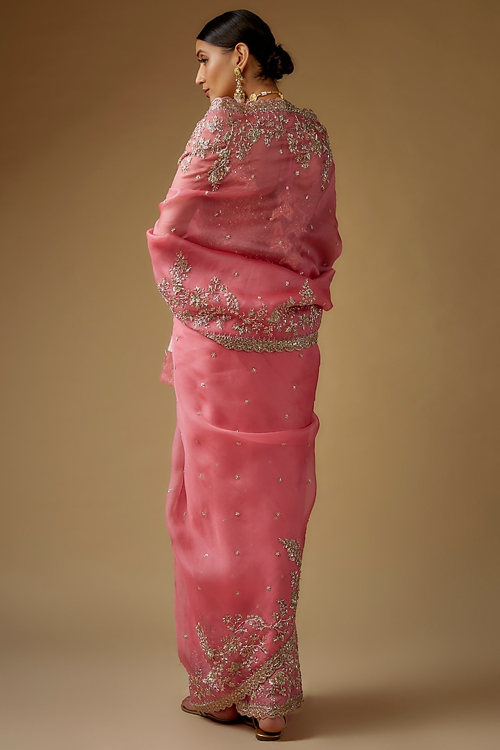 Pink Organza Zardosi Embroidered Bridal Saree Set by Anushree Reddy at Pernia's Pop Up Shop