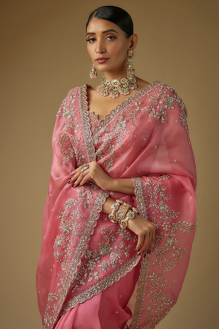 Pink Organza Zardosi Embroidered Bridal Saree Set by Anushree Reddy at Pernia's Pop Up Shop
