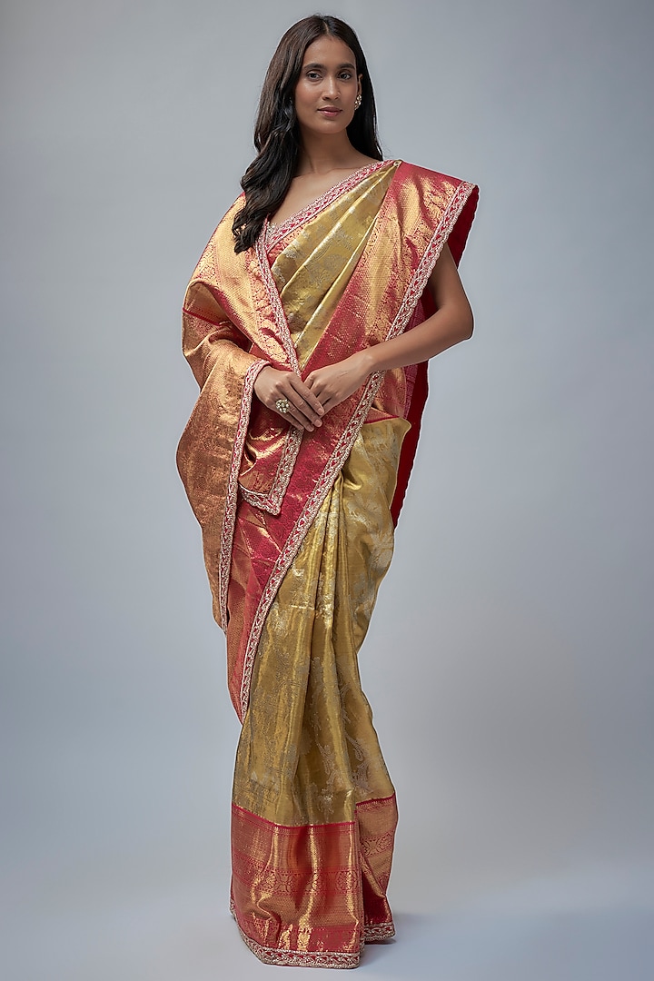 Gold Silk Hand Embroidered Kanchi Bridal Saree Set by Anushree Reddy at Pernia's Pop Up Shop