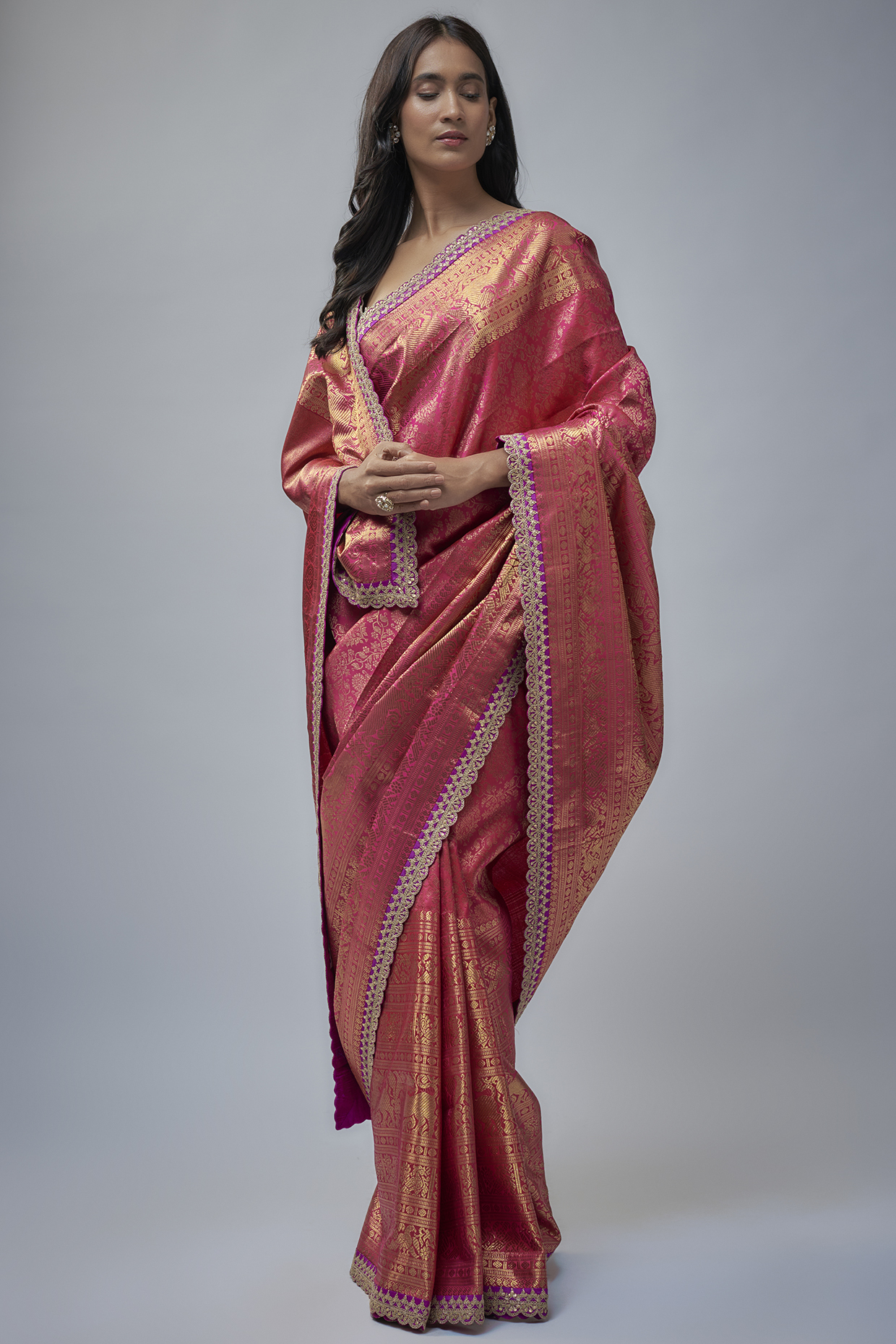 Magenta Silk Hand Embroidered Kanchi Bridal Saree Set by Anushree Reddy at Pernia's Pop Up Shop
