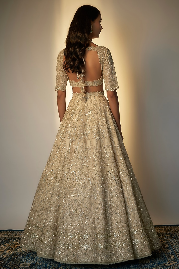 Ivory Organza Hand Embroidered Bridal Lehenga Set by Anushree Reddy at Pernia's Pop Up Shop