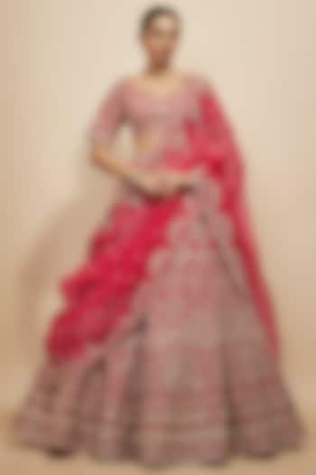 Reddish Pink Organza Hand Embroidered Lehenga Set by Anushree Reddy