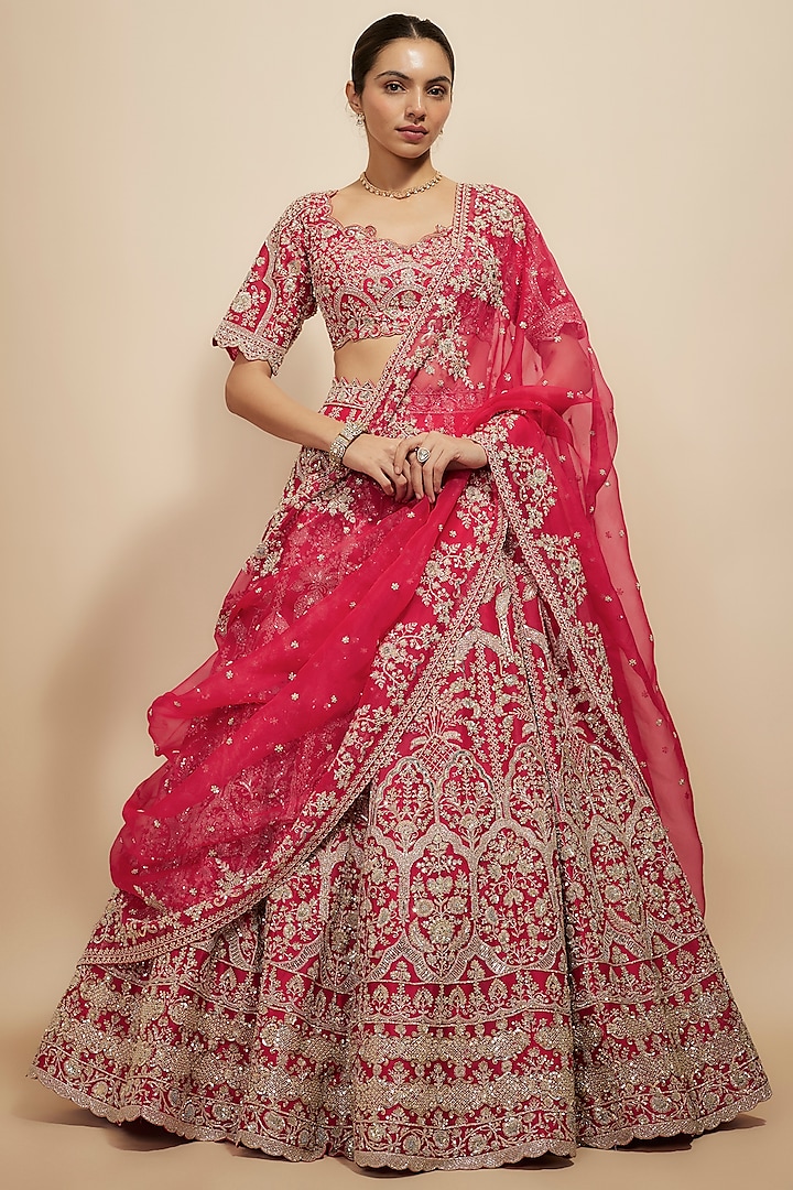 Reddish Pink Organza Hand Embroidered Lehenga Set by Anushree Reddy