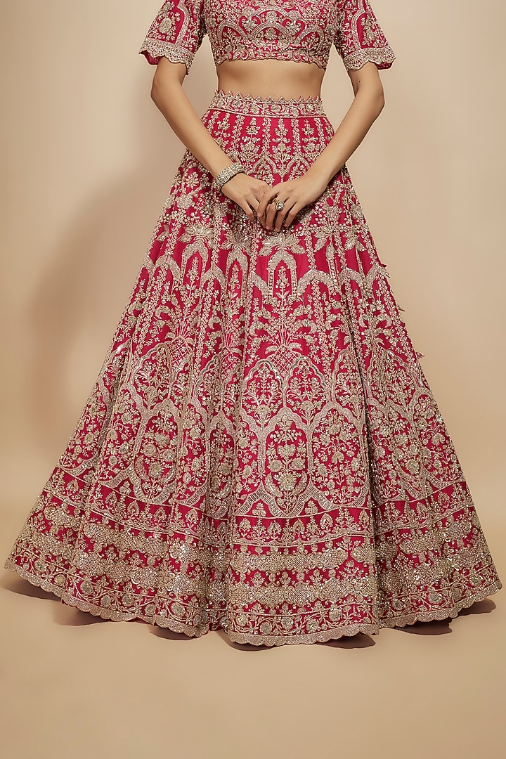 Reddish Pink Organza Hand Embroidered Bridal Lehenga Set by Anushree Reddy at Pernia's Pop Up Shop