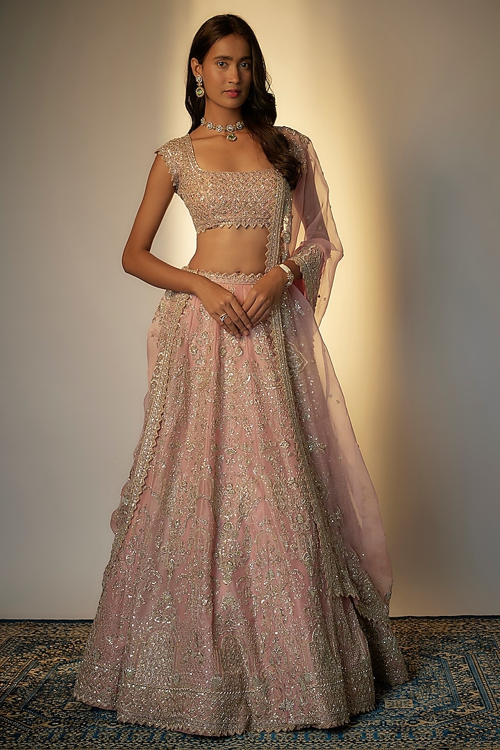 Blush Pink Organza Hand Embroidered Bridal Lehenga Set by Anushree Reddy at Pernia's Pop Up Shop