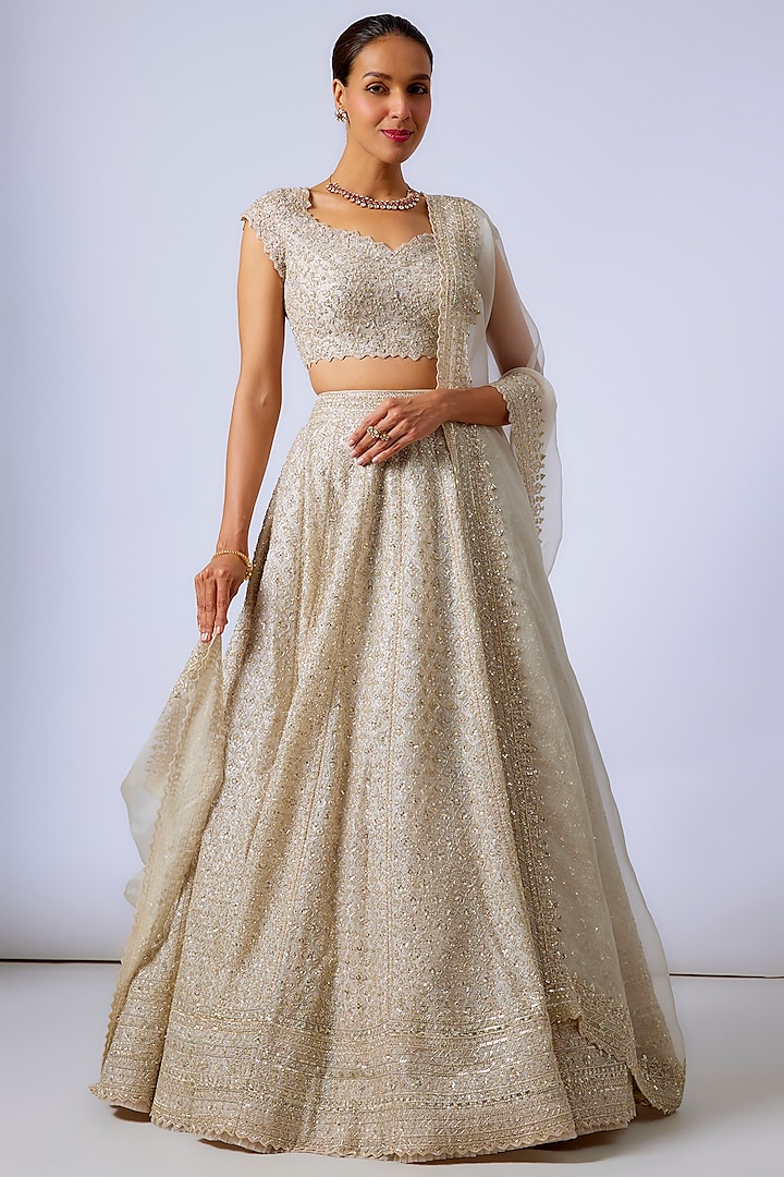 Ivory Organza Hand Embroidered Bridal Lehenga Set by Anushree Reddy at Pernia's Pop Up Shop