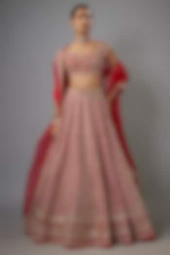 Red Organza Hand Embroidered Bridal Lehenga Set by Anushree Reddy at Pernia's Pop Up Shop