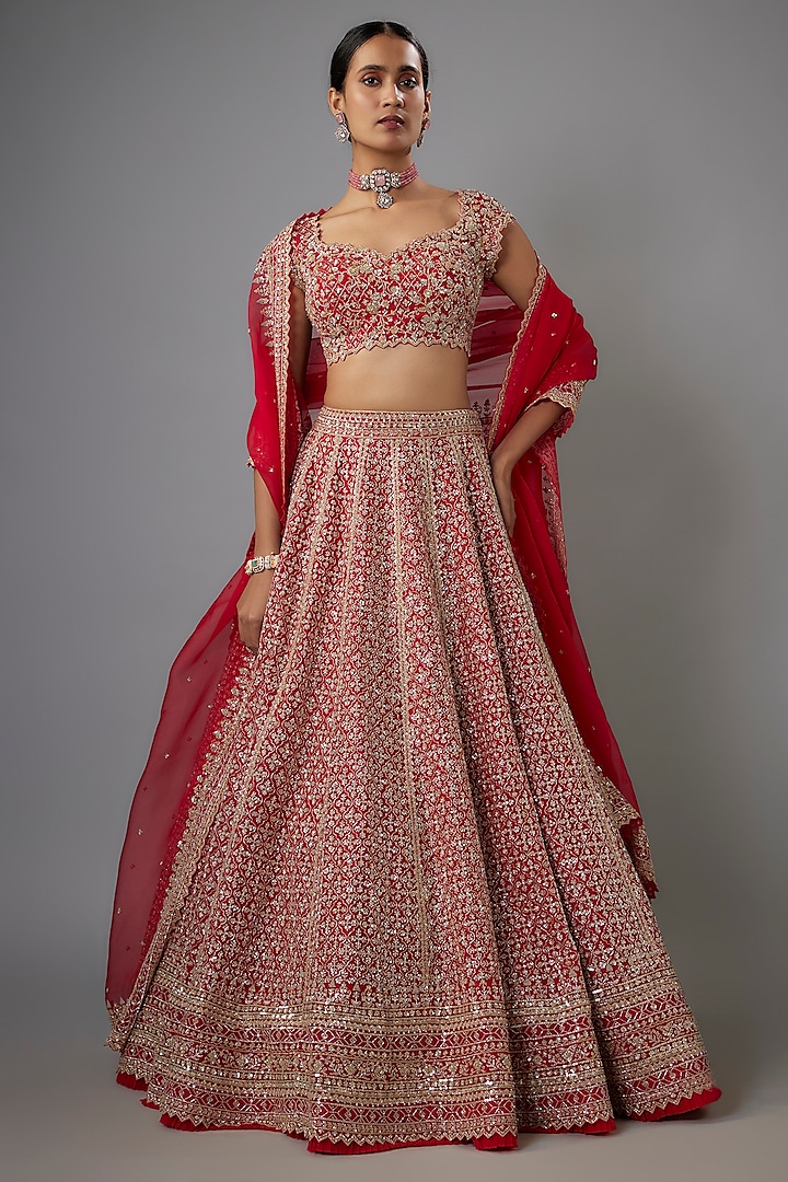 Red Organza Hand Embroidered Bridal Lehenga Set by Anushree Reddy at Pernia's Pop Up Shop