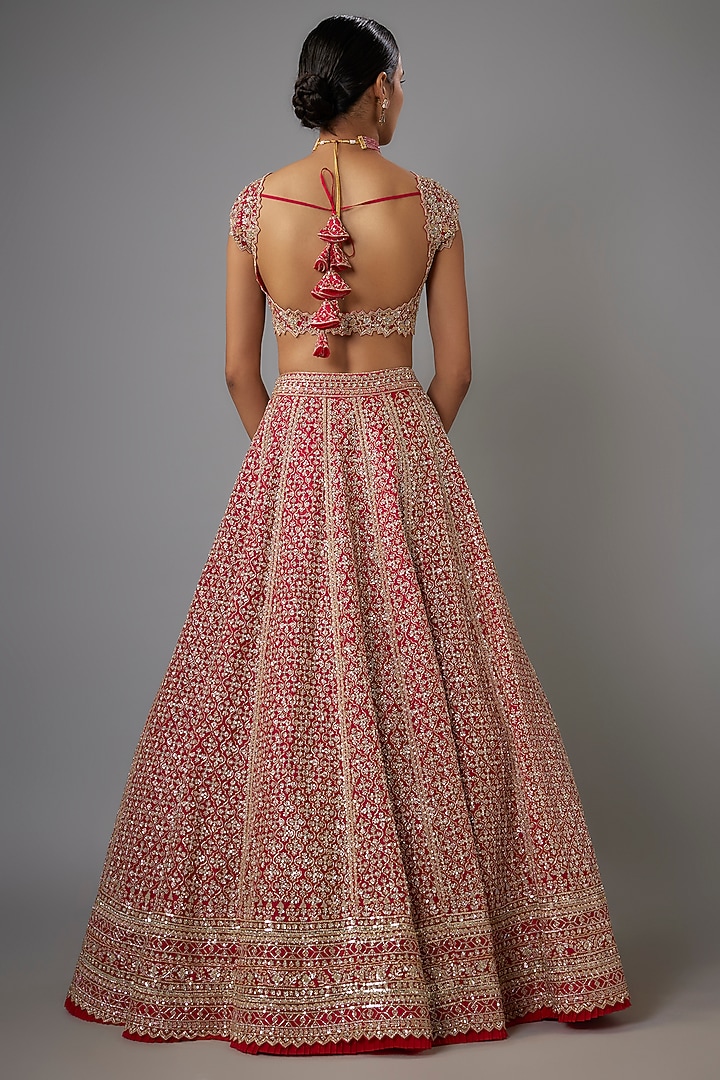 Red Organza Hand Embroidered Bridal Lehenga Set by Anushree Reddy at Pernia's Pop Up Shop