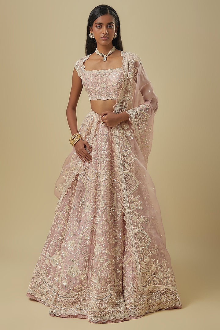 Pink Organza Hand Embroidered Bridal Lehenga Set by Anushree Reddy at Pernia's Pop Up Shop