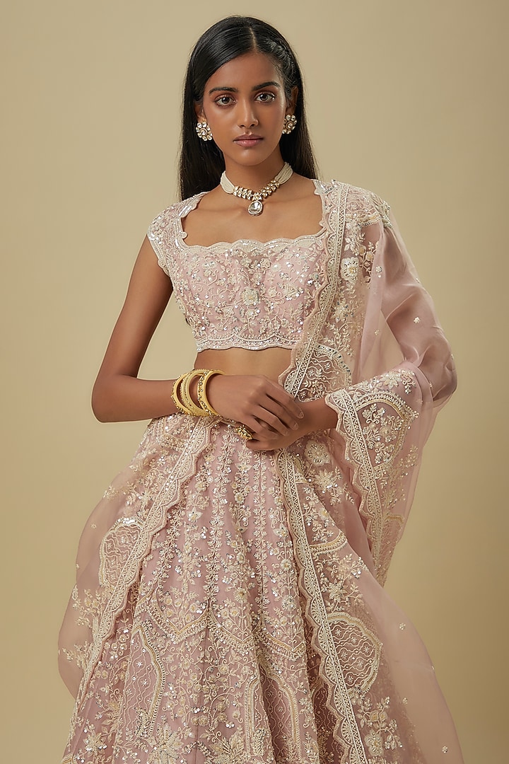 Pink Organza Hand Embroidered Bridal Lehenga Set by Anushree Reddy at Pernia's Pop Up Shop