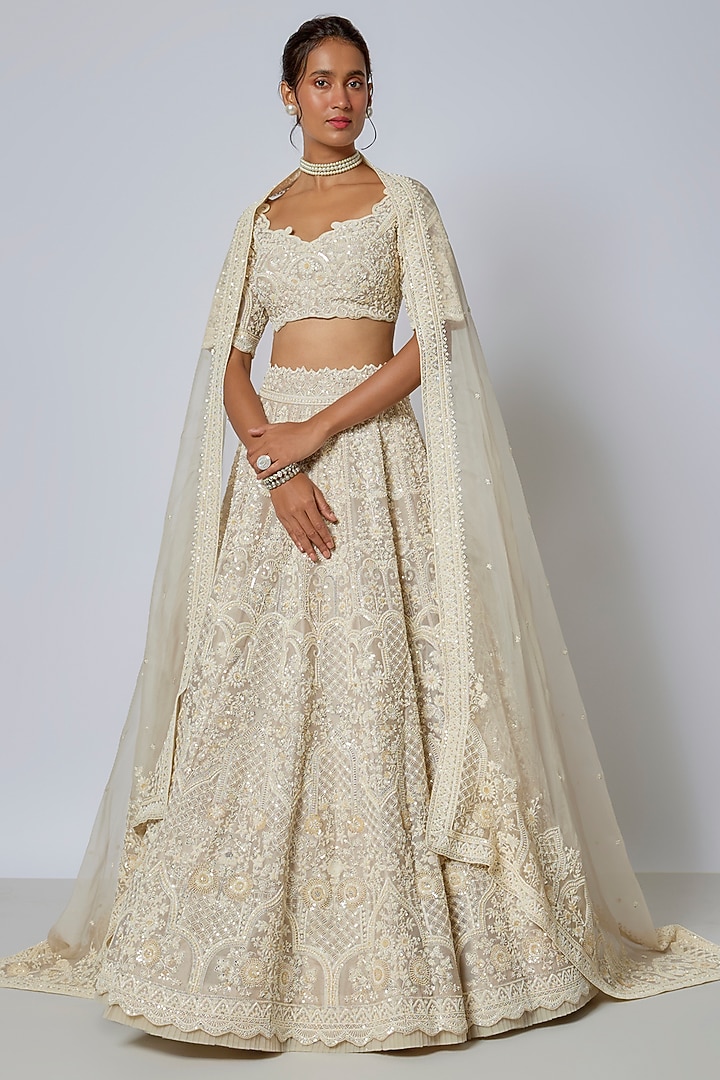 Ivory Organza Hand Embroidered Bridal lehenga for 22 Lehenga Set by Anushree Reddy at Pernia's Pop Up Shop