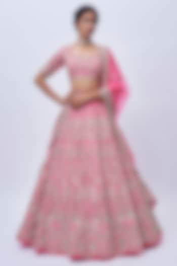 Candy Pink Organza Hand Embroidered Bridal Lehenga Set by Anushree Reddy at Pernia's Pop Up Shop