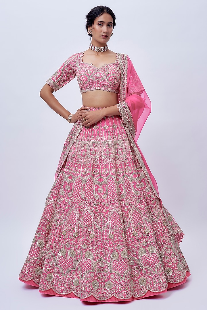 Candy Pink Organza Hand Embroidered Bridal Lehenga Set by Anushree Reddy at Pernia's Pop Up Shop