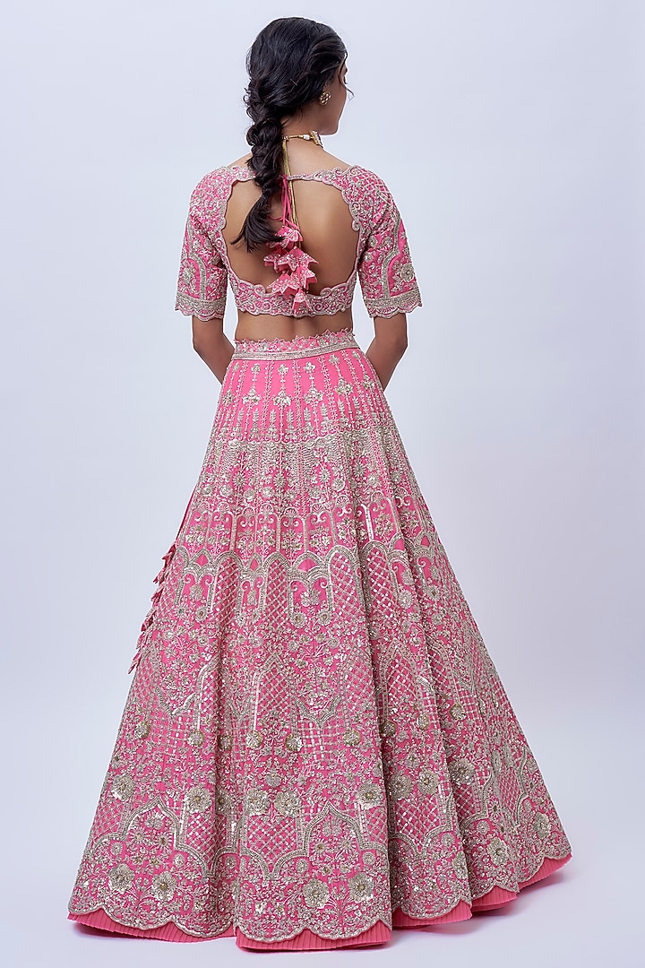 Candy Pink Organza Hand Embroidered Bridal Lehenga Set by Anushree Reddy at Pernia's Pop Up Shop