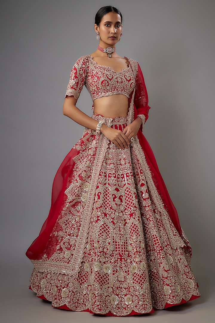 Red Organza Hand Embroidered Bridal Lehenga Set by Anushree Reddy at Pernia's Pop Up Shop