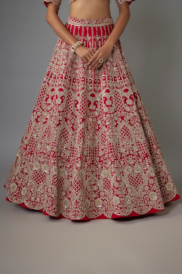 Red Organza Hand Embroidered Bridal Lehenga Set by Anushree Reddy at Pernia's Pop Up Shop